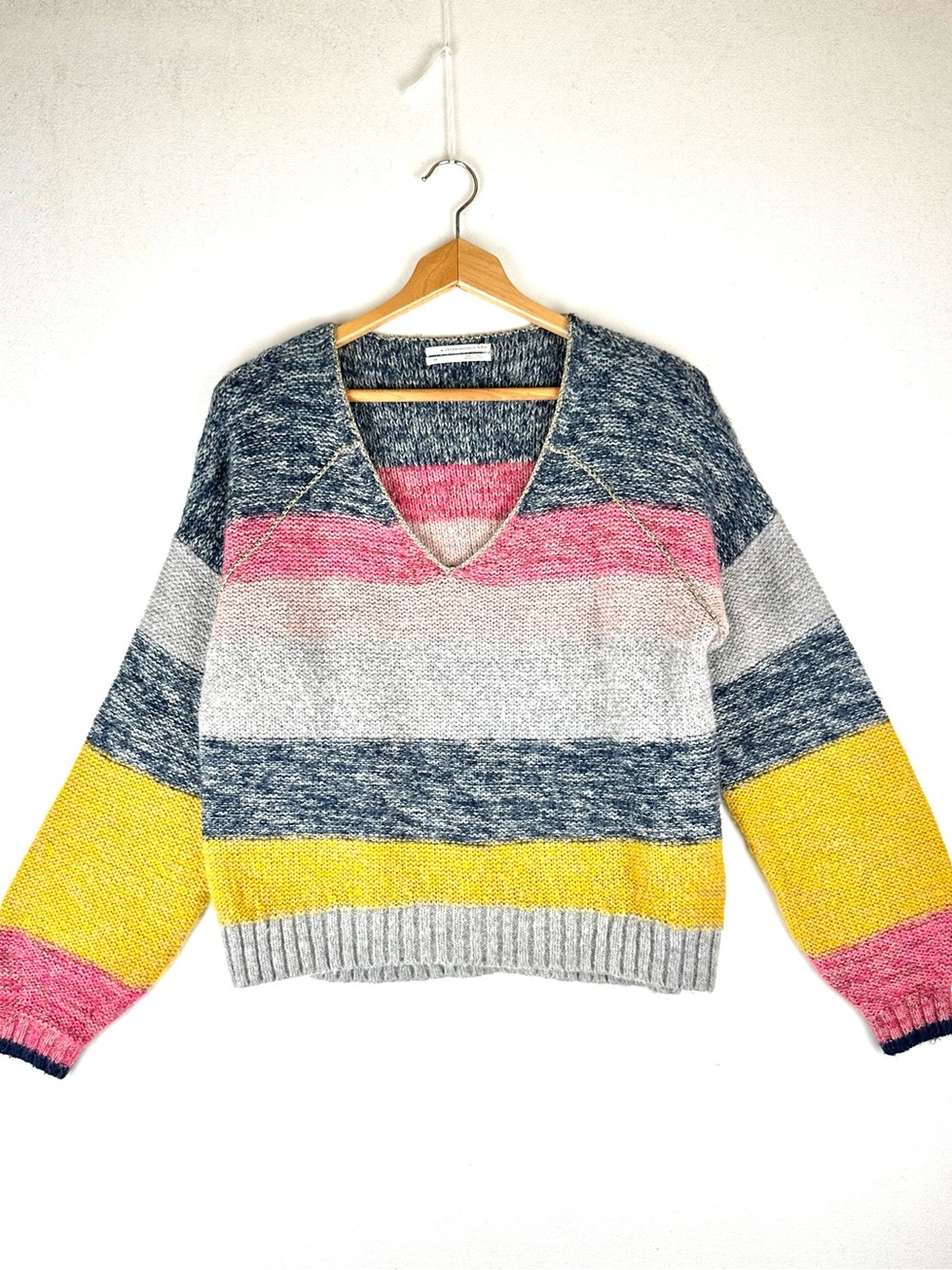 Anthropologie Theia Striped V-Neck Sweater Lurex Trim